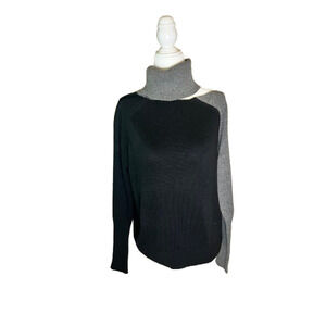 New JAMISON Evereve S Black Grey Turtleneck Cut Out Cold Shoulder Sweater Women
